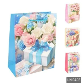 Sacola de Papel 23x18cm Flores Glitter Sortidas Atacado