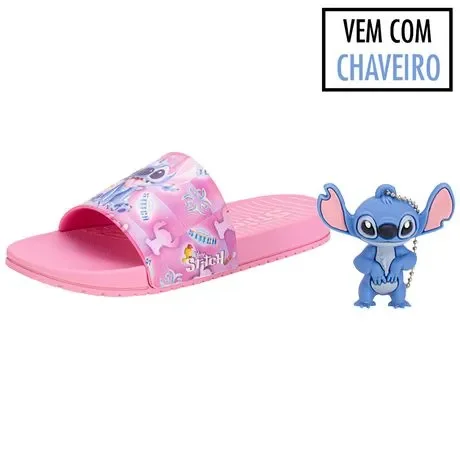 Kit Chinelo Infantil Slide Disney e Chaveiro Stitch Grendene Kids 23406 Rosa Atacado