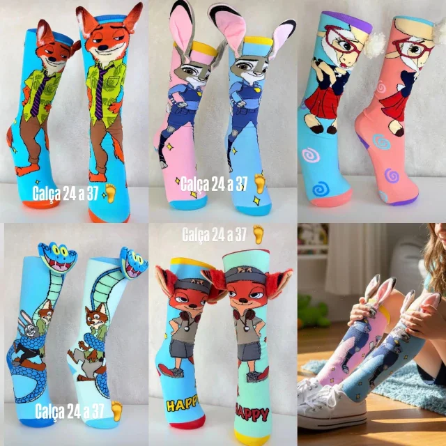 Kit C/12 Meias alta infantil 3D Zootopia - Meia maluca Atacado