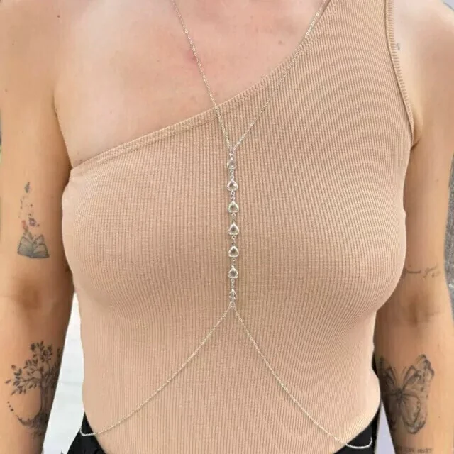 BODY CHAIN PRATA CORAÇÕES CRISTAIS Atacado