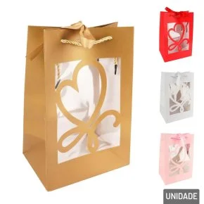 Sacola de Papel 30x20cm com Visor Coração e Laço Atacado