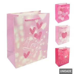 Sacola de Papel 23x18cm Coração Frase Love Sortido Atacado