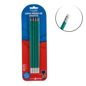 Lápis Grafite 04 Pçs HB Borracha Sextavado Verde Atacado