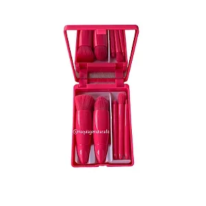 Kit 05 Mini Pincéis com Case e Espelho Rosa Pink QBM806-1 Atacado para Revenda