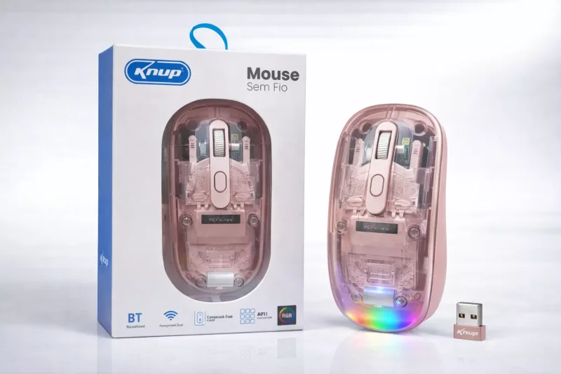 MOUSE SEM FIO TRANSPARENTE KNUP 2IN1 BT E WIRELESS RECARREGÁVEL KPMU029 Atacado para Revenda